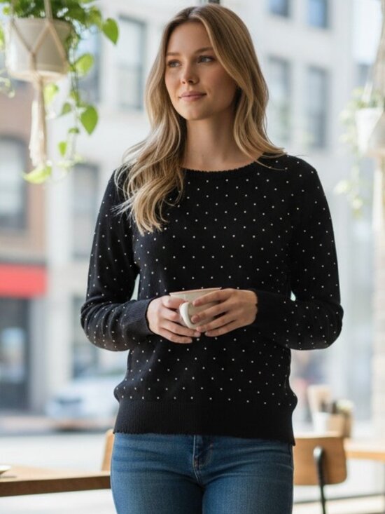 Minnie Rose Sweaters - NEW MinnieRose Cashmere Sweater Frayed Edge Crew Black Silver Tone Beads  Med